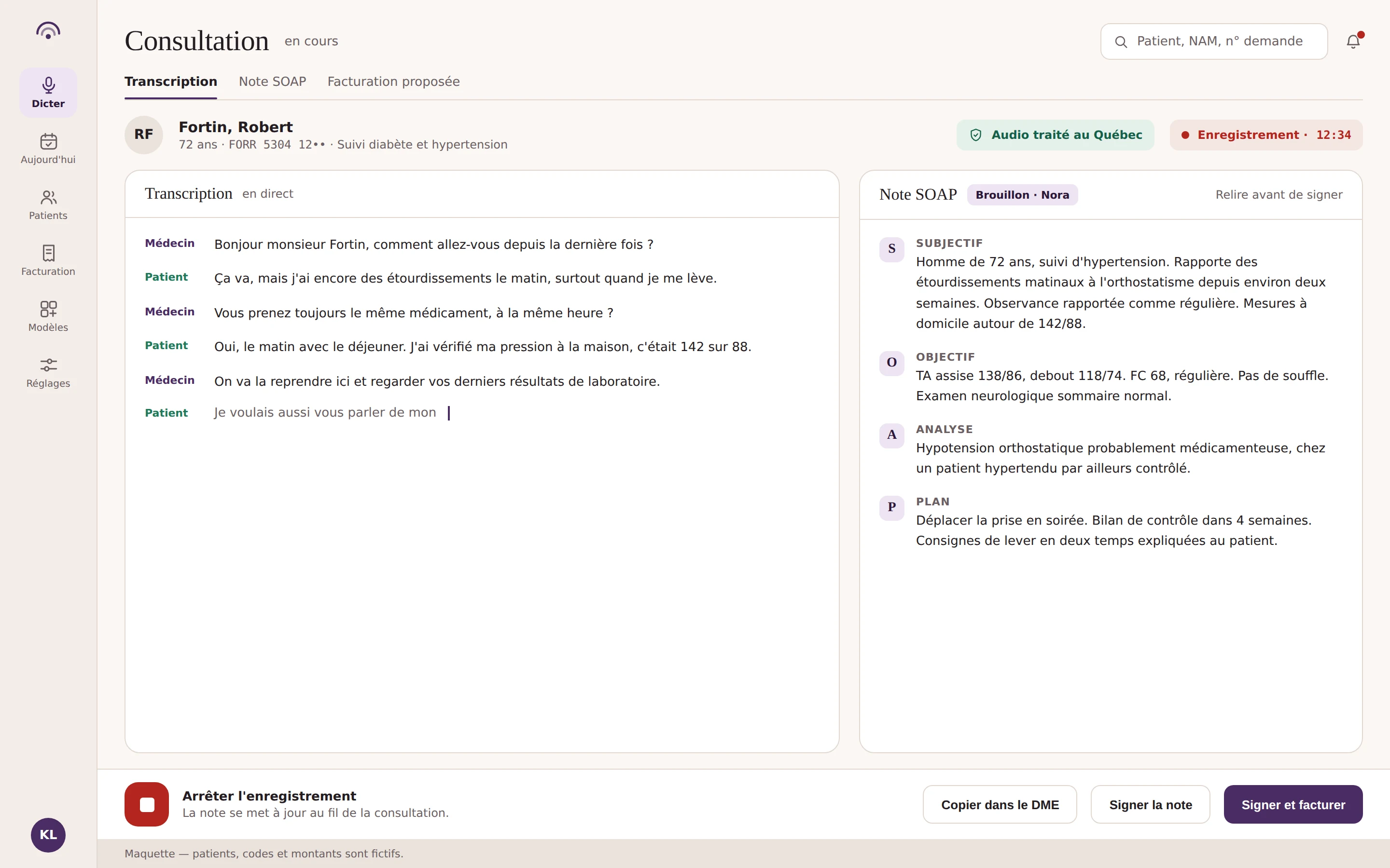 Écran de consultation Perceo : transcription en direct à gauche, note SOAP en cours de rédaction à droite.
